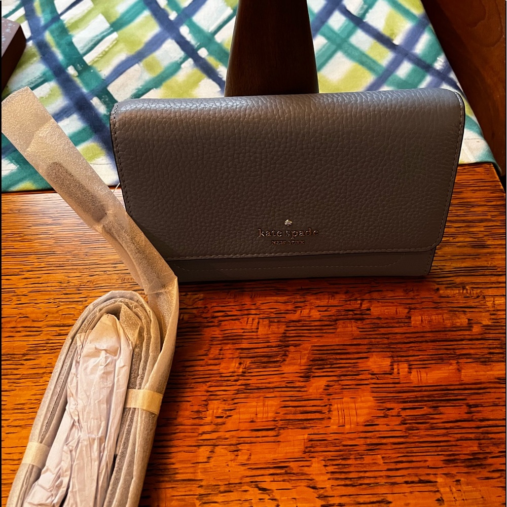 NEW kate spade New York Leather Harlow Wallet On A String In Dusty Blue - Picture 7 of 9